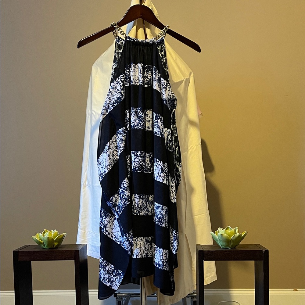 Michael Kors Blue and White Gold Chain Halter Dress